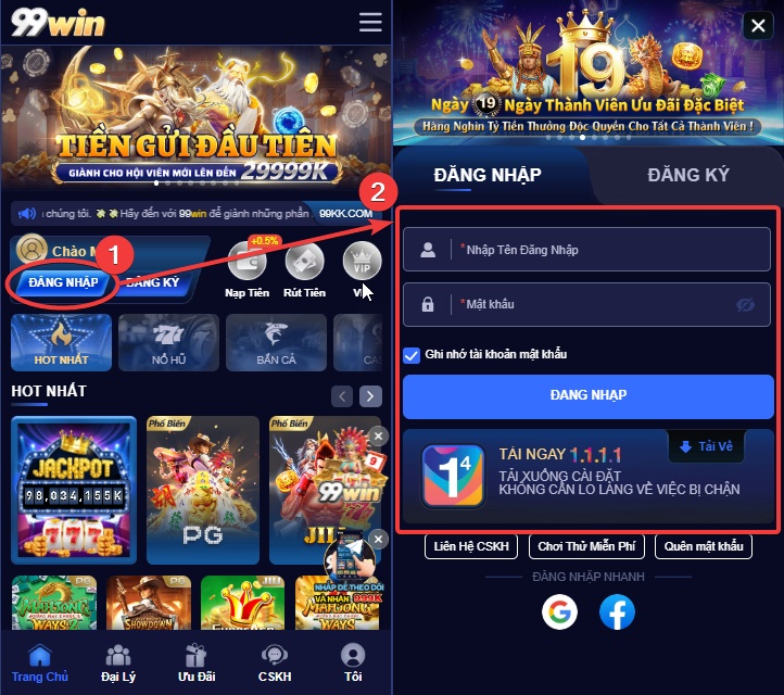Hướng dẫn các bước đăng nhập 99win trên điện thoại di động chi tiết