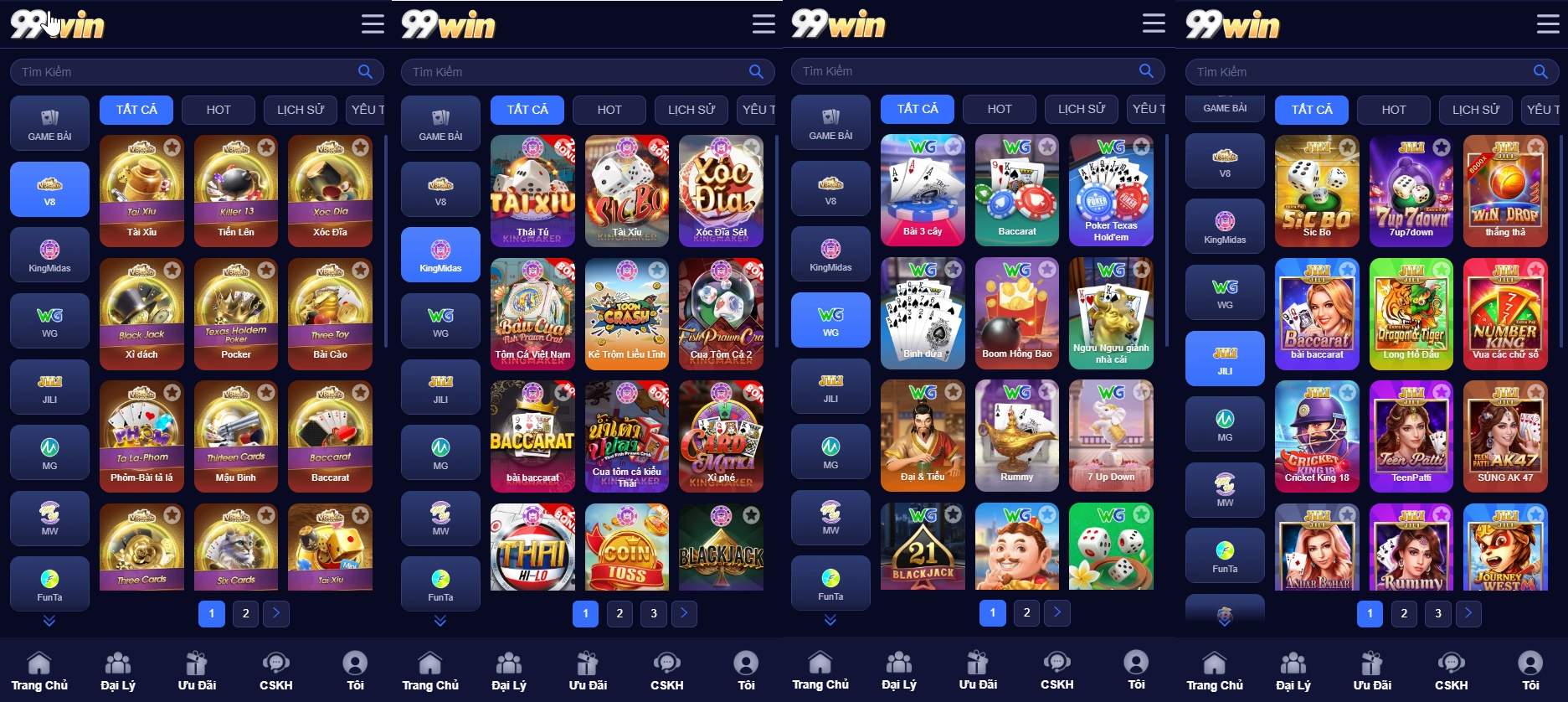 Giao diện các sảnh game bài tại 99win