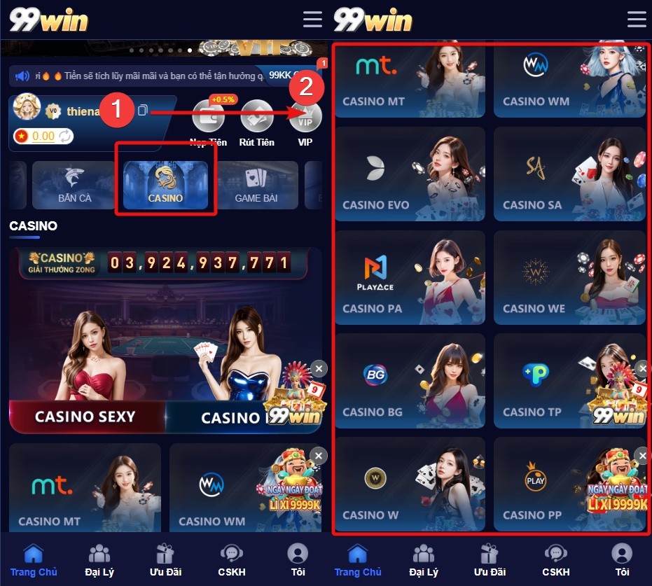 Danh sách sảnh cược Live Casino 99win Các sảnh cược live casino phổ biến tại 99win