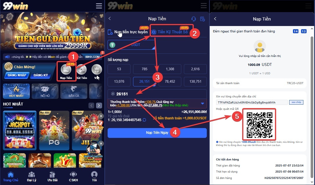 Hướng dẫn nạp tiền 99win bằng USDT TRC20 trên máy tính