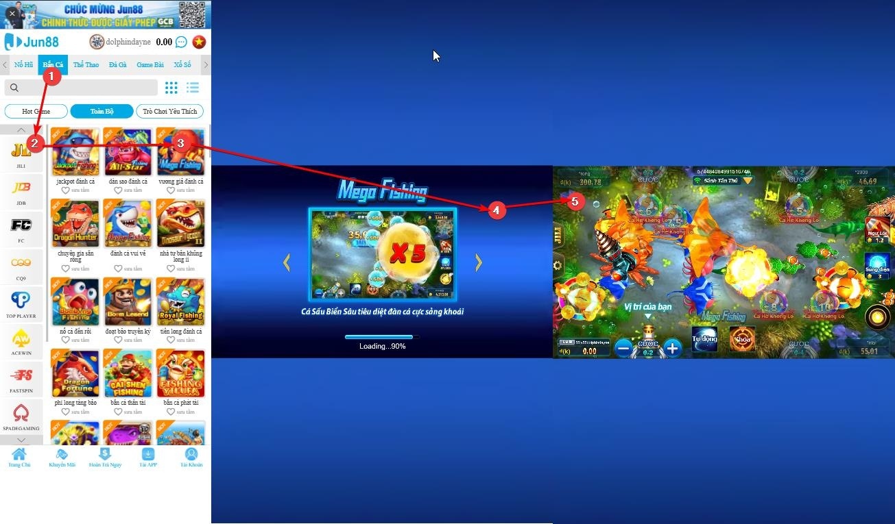 Giao diện chơi game Mega Fishing tại JUN88 trên điện thoại