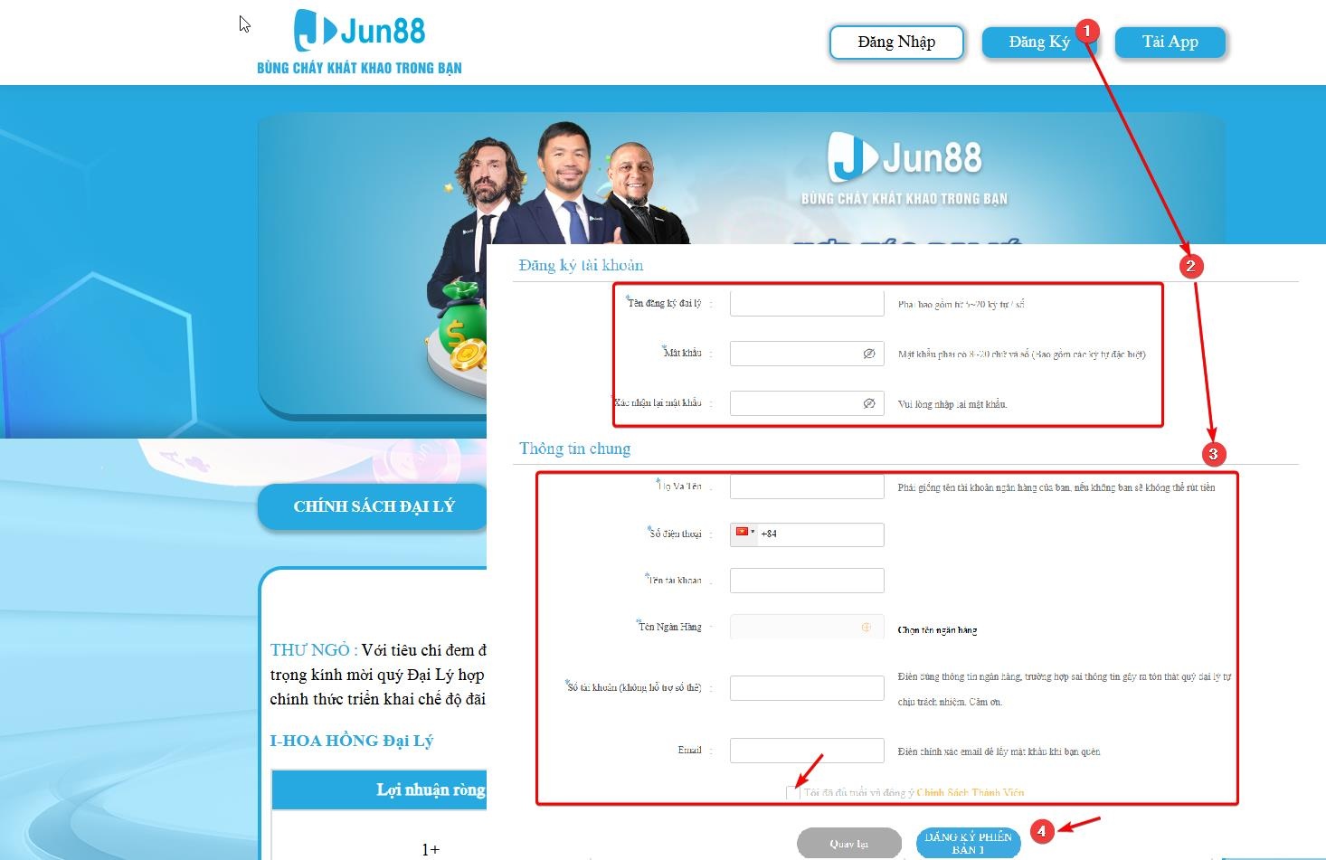 Giao diện form đăng ký đại lý JUN88 với các trường thông tin cần điền
