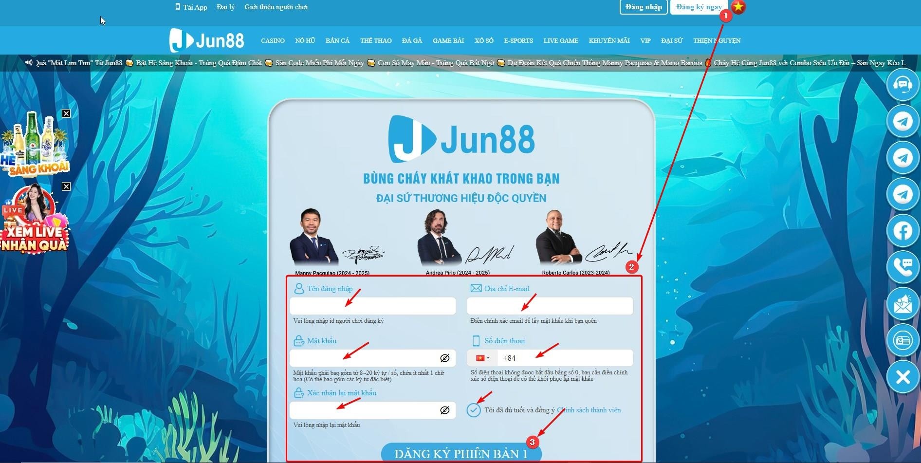 Hướng dẫn các bước điền thông tin vào form đăng ký JUN88 trên máy tính