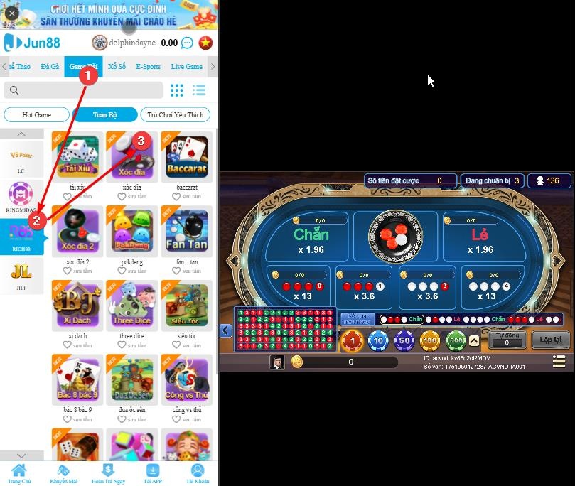 Giao diện chơi game Xóc Đĩa tại JUN88 trên điện thoại di động