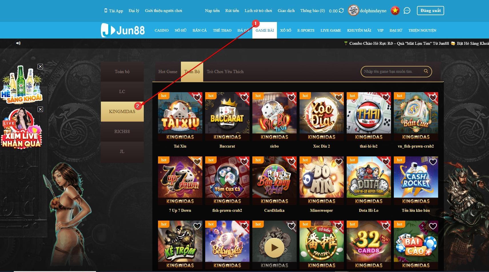 Sảnh game King Midas (KM) tại nhà cái JUN88 - một trong những sảnh chơi uy tín