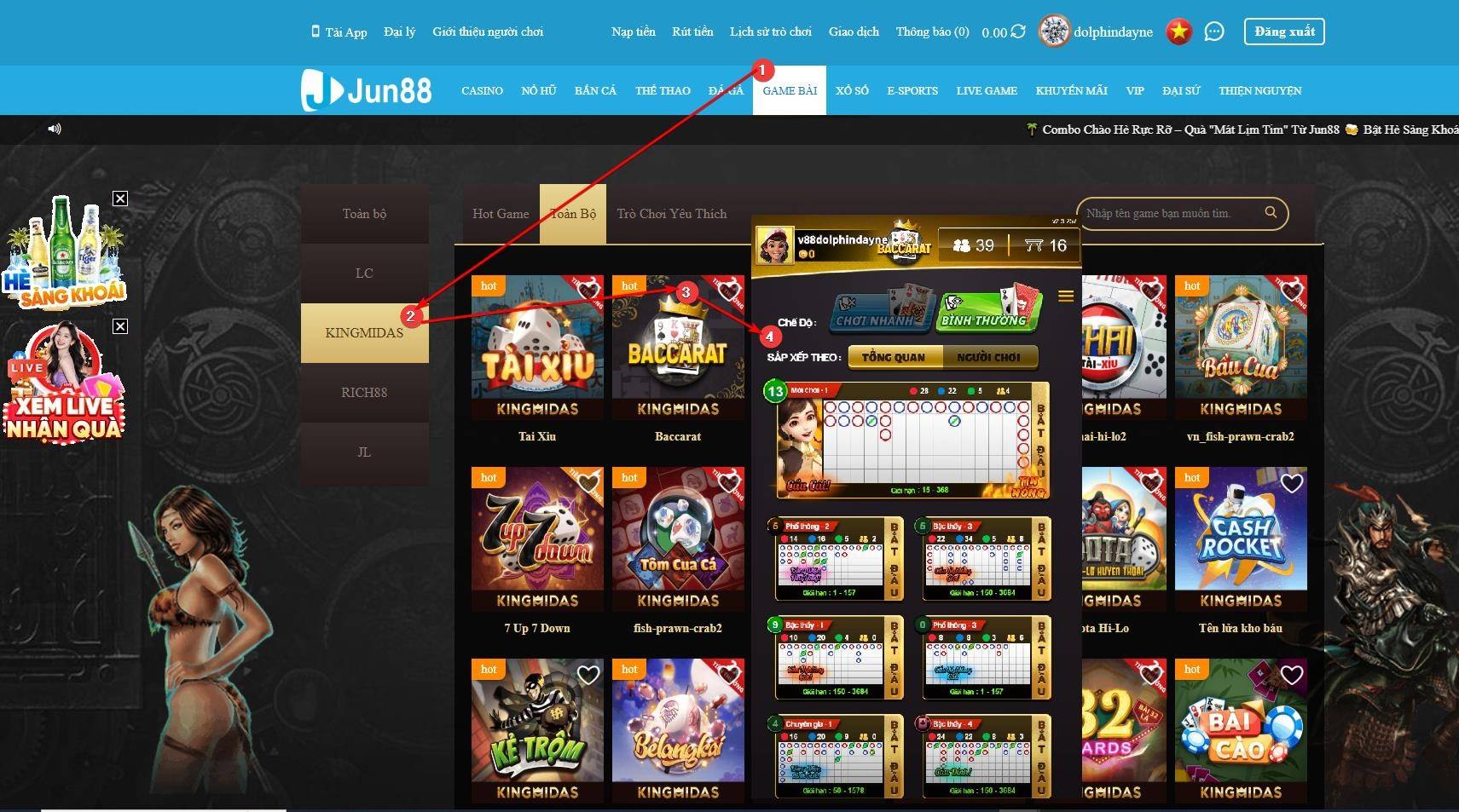 Hướng dẫn các bước vào chơi Baccarat tại sảnh King Midas của JUN88