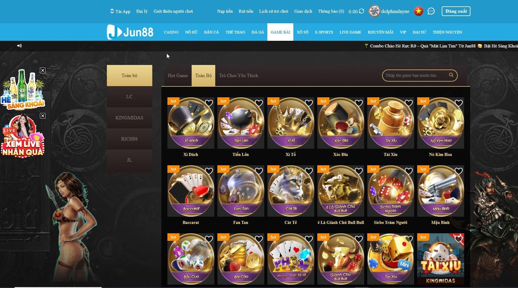 Giao diện chính của sảnh game bài JUN88 với nhiều nhà cung cấp nổi bật