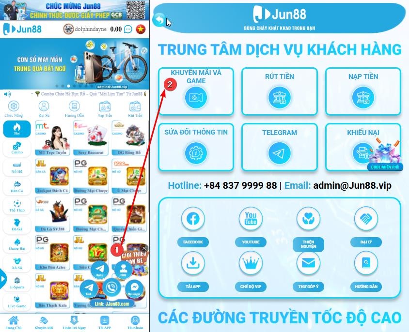 Hướng dẫn liên hệ hỗ trợ khuyến mãi Jun88