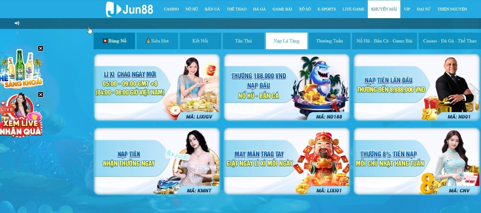 Các chương trình khuyến mãi nạp tiền Jun88