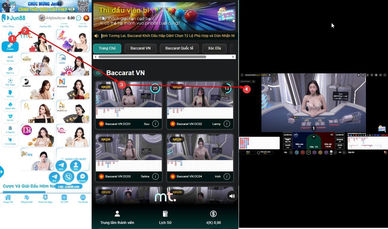 Giao diện casino JUN88 trên mobile