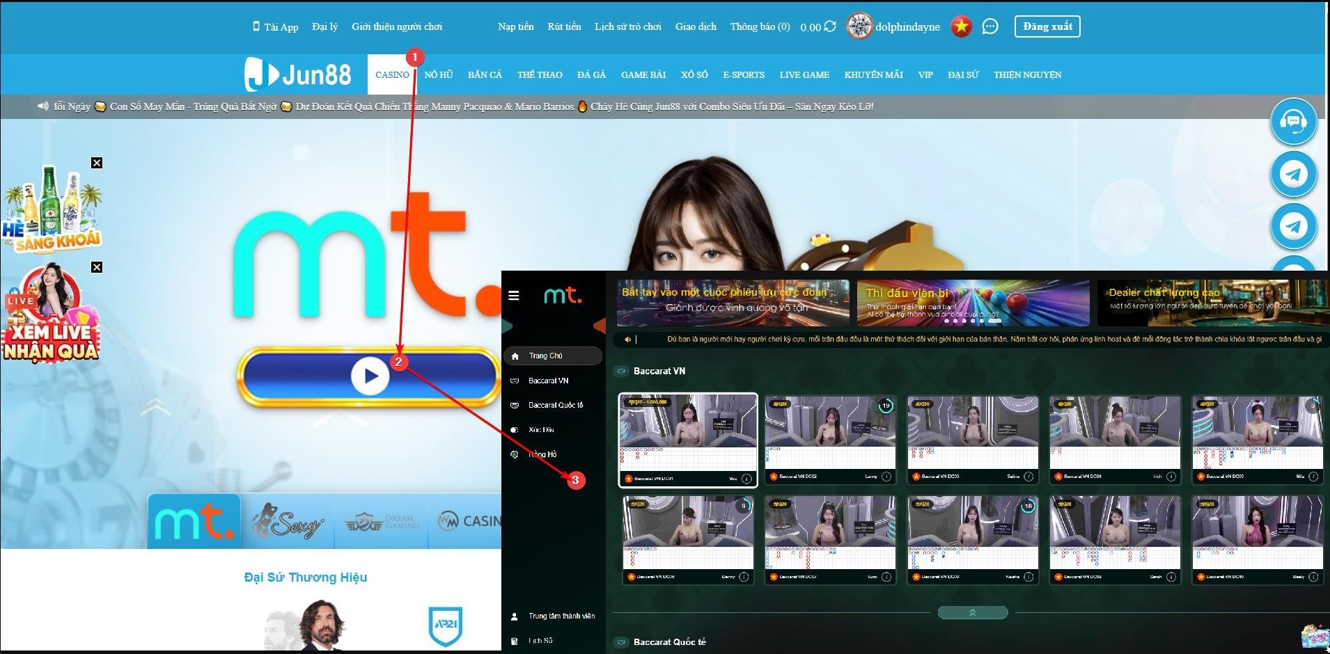 Hướng dẫn vào sảnh casino MT trên JUN88