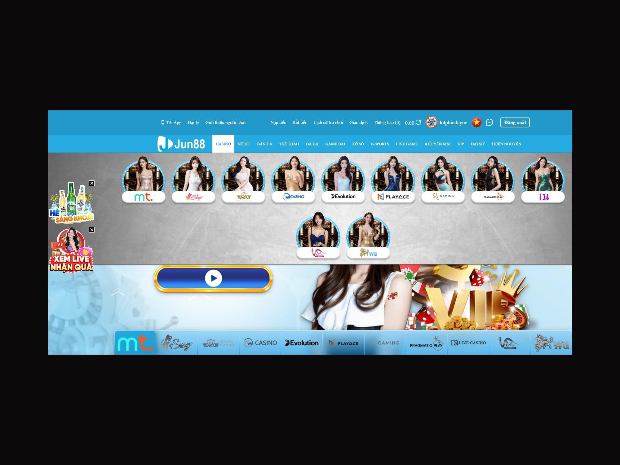 Giao diện tổng hợp các sảnh live casino JUN88