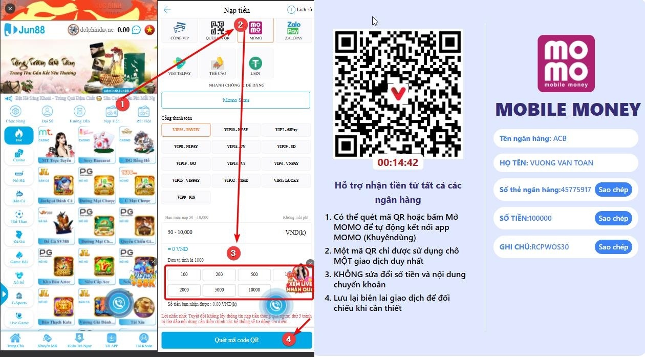 Hướng dẫn các bước nạp tiền Jun88 bằng ví điện tử Momo