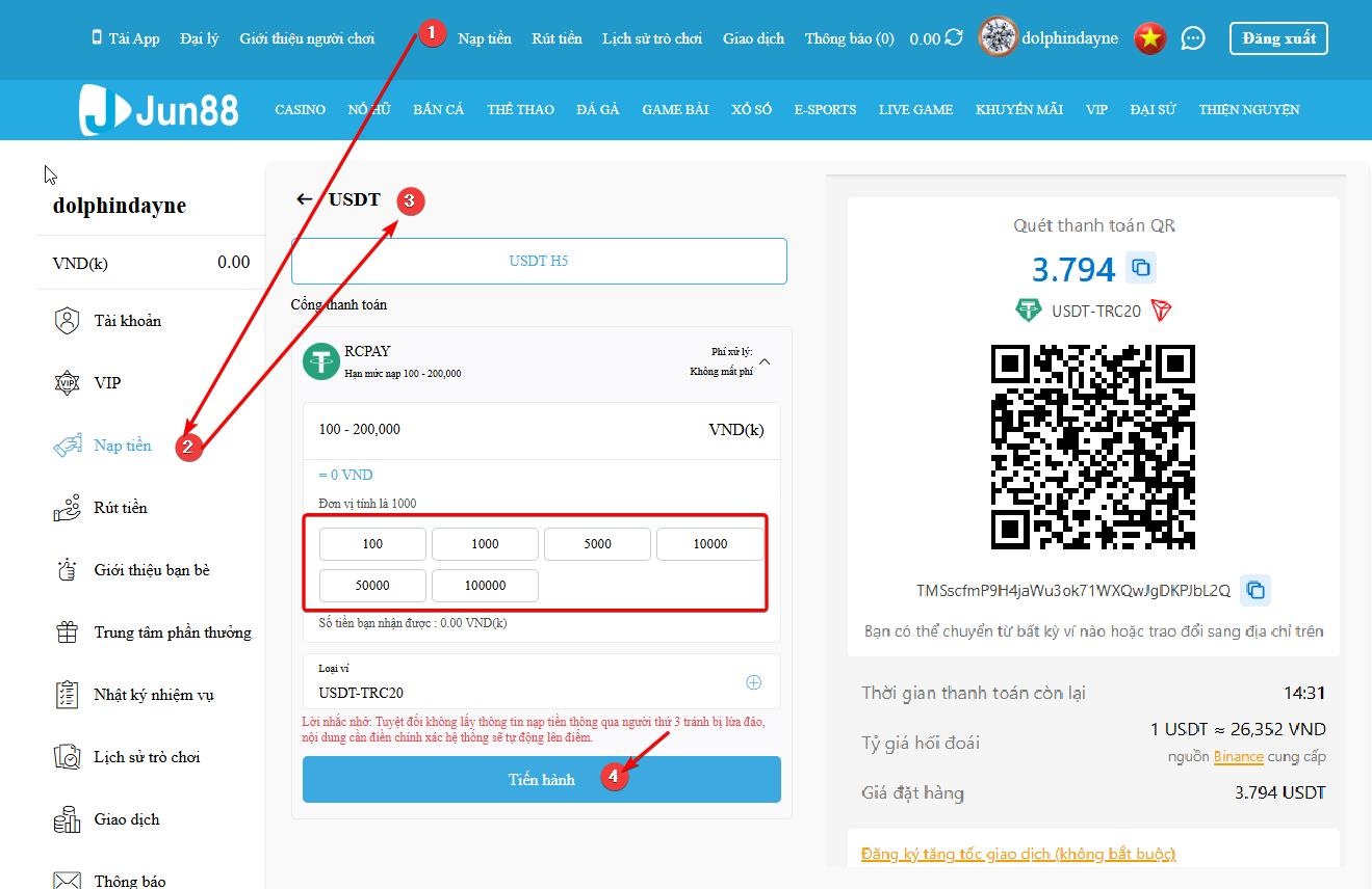 Hướng dẫn nạp tiền Jun88 bằng tiền điện tử USDT mạng TRC20