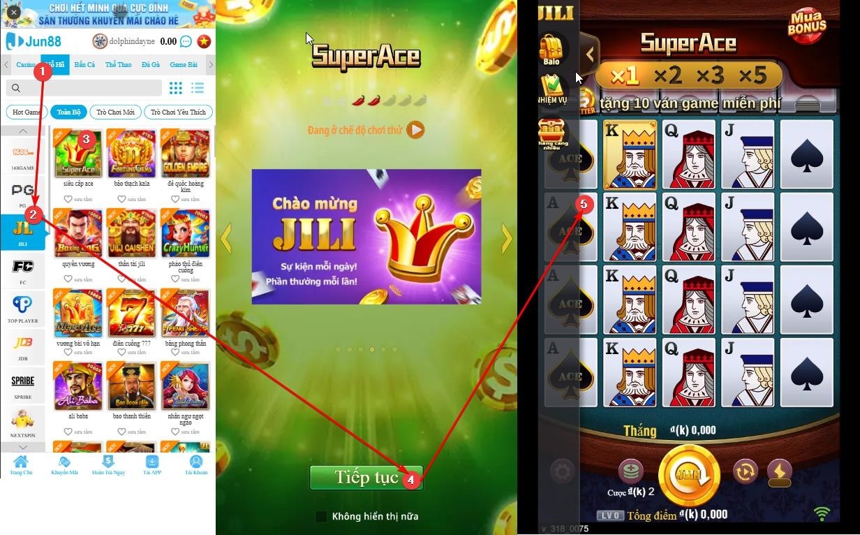 Giao diện chơi game slot Super Ace trên điện thoại tại Jun88