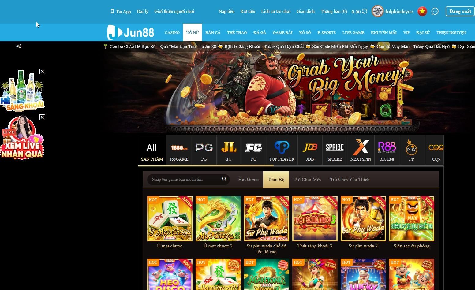Giao diện sảnh Nổ hũ JUN88 với hàng loạt nhà cung cấp game slot uy tín