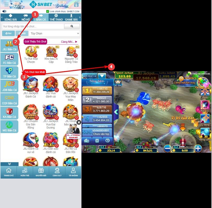 Giao Diện Game Bắn Cá SHBET Mobile Giao diện game bắn cá SHBET trên điện thoại di động