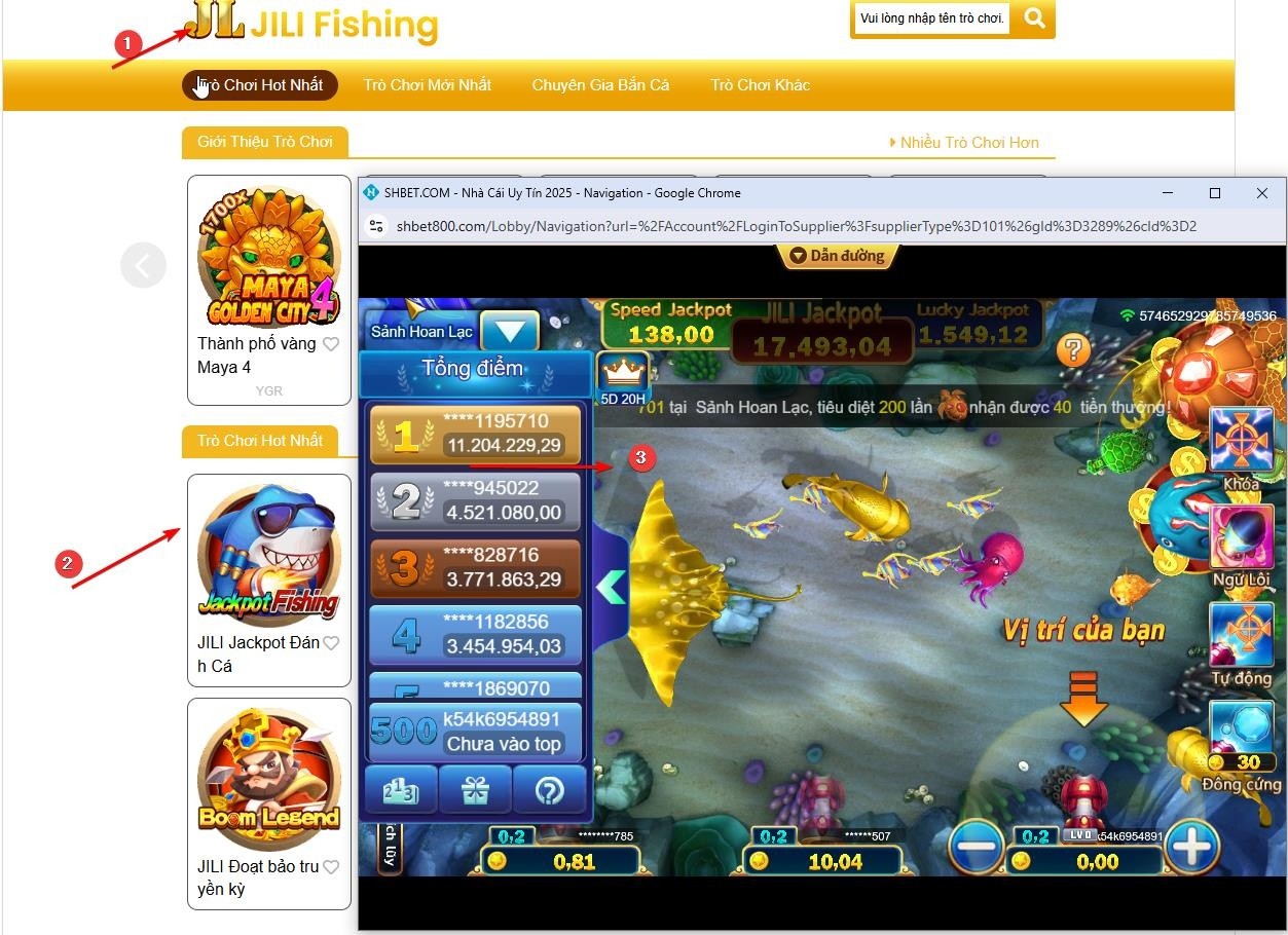 Chọn game Jackpot Fishing để chơi Giao diện lựa chọn game Jackpot Fishing trong sảnh JILI tại SHBET