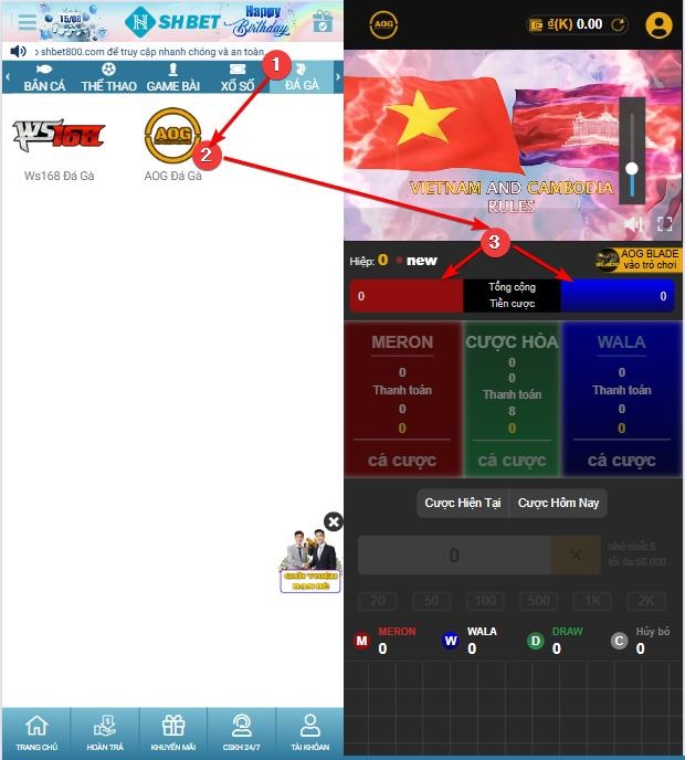 Giao diện cược đá gà SHBET trên điện thoại di động