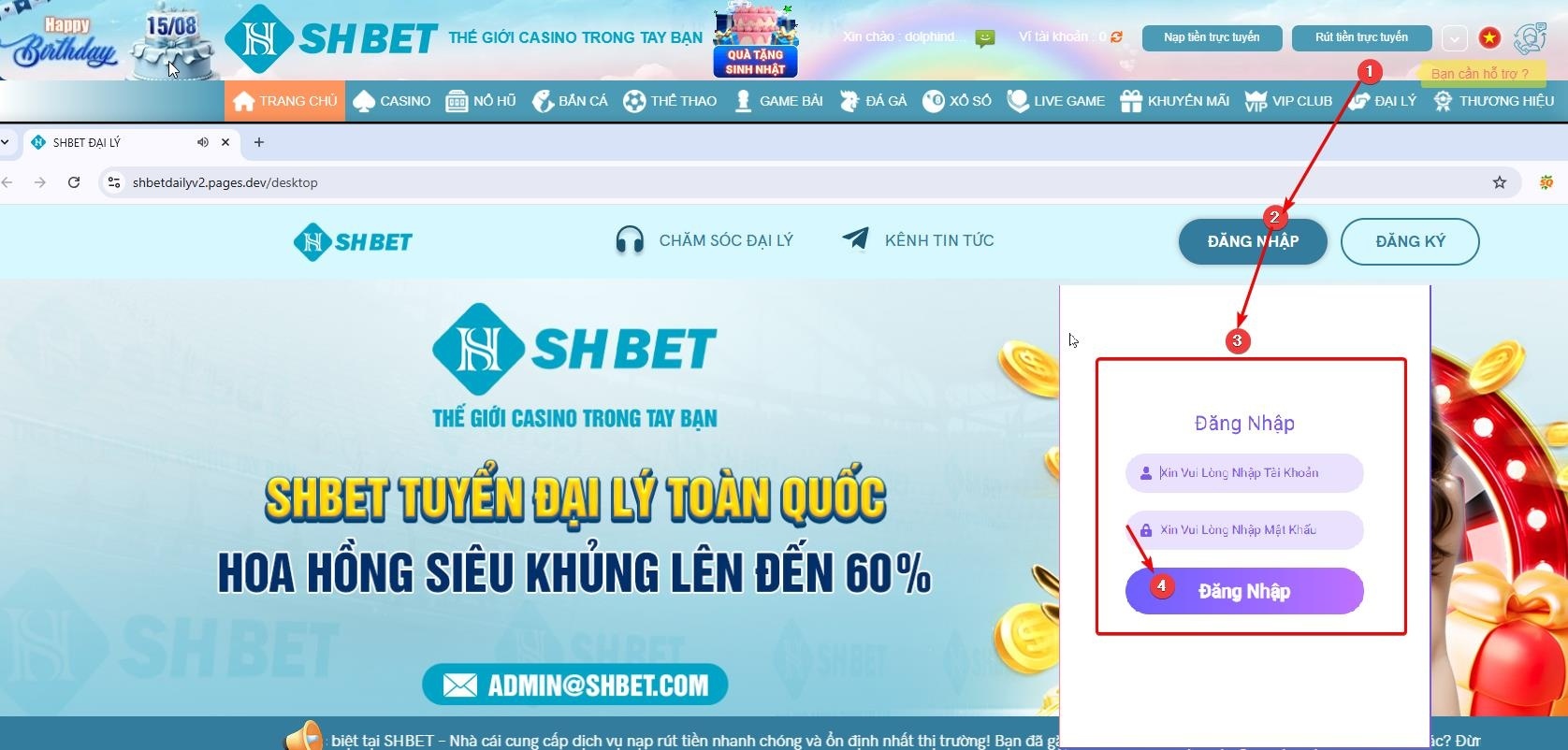 Giao diện đăng nhập vào tài khoản quản trị đại lý SHBET