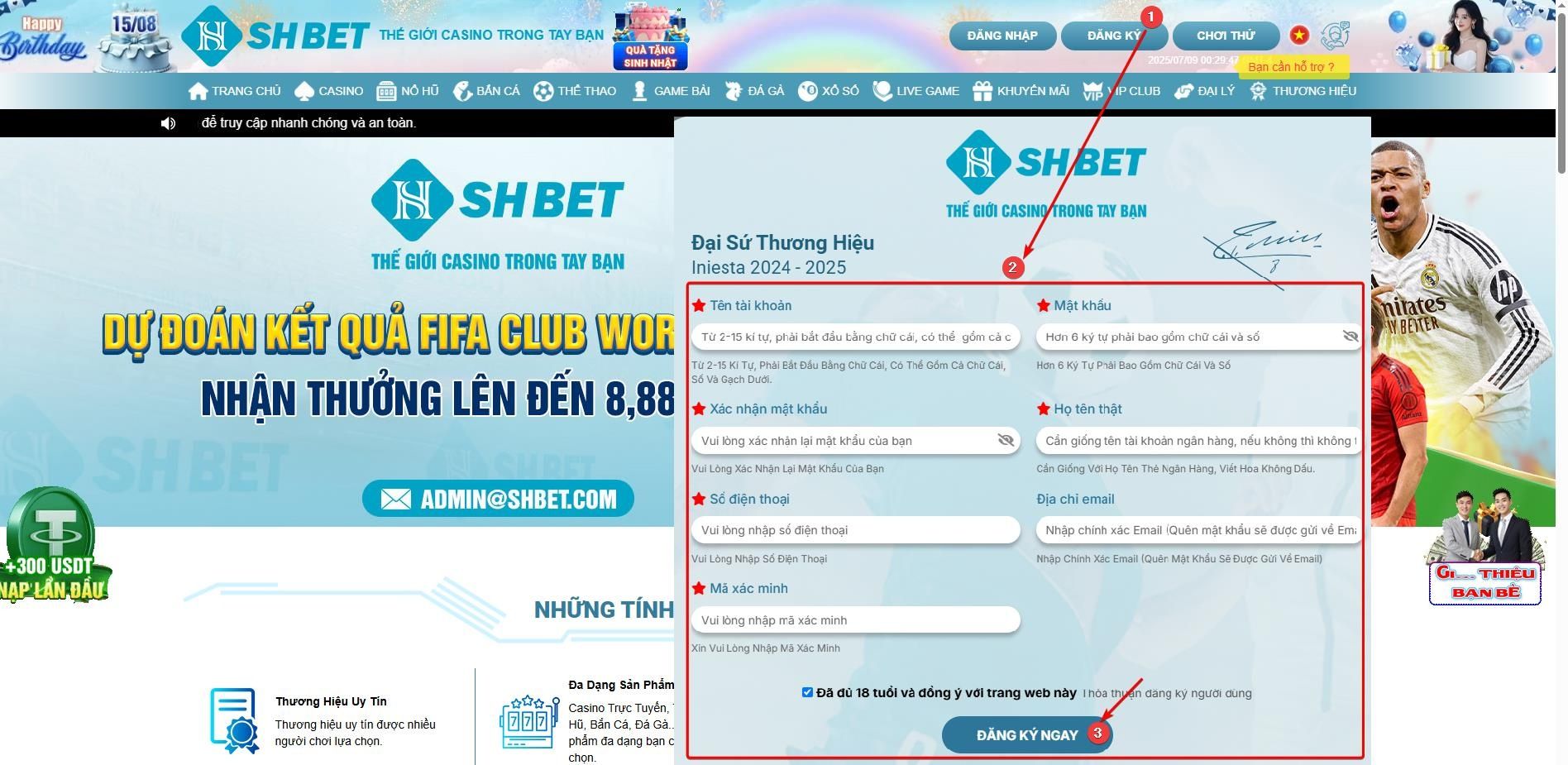Giao diện trang chủ nhà cái SHBET với nút Đăng ký được chỉ dẫn rõ ràng