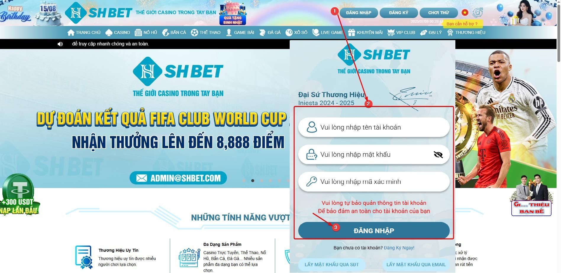 Giao diện form đăng nhập SHBET trên máy tính