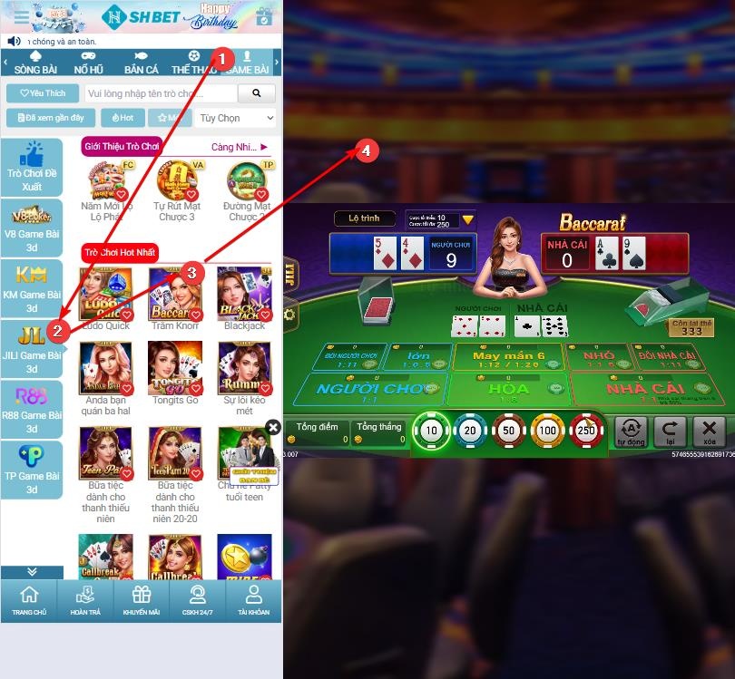 Giao diện một bàn chơi Baccarat tại sảnh game bài SHBET trên di động