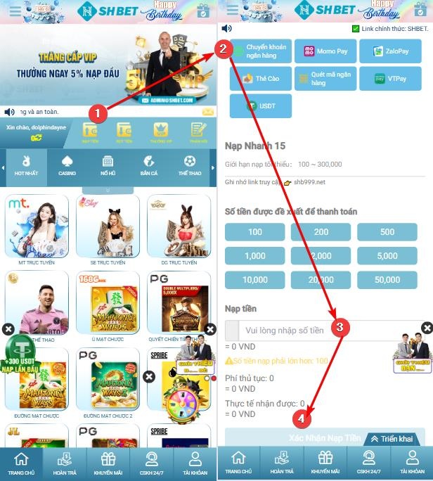 Hướng dẫn nạp tiền SHBET bằng chuyển khoản ngân hàng trên mobile