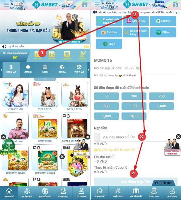 Hướng dẫn nạp tiền SHBET bằng MOMO Pay trên mobile