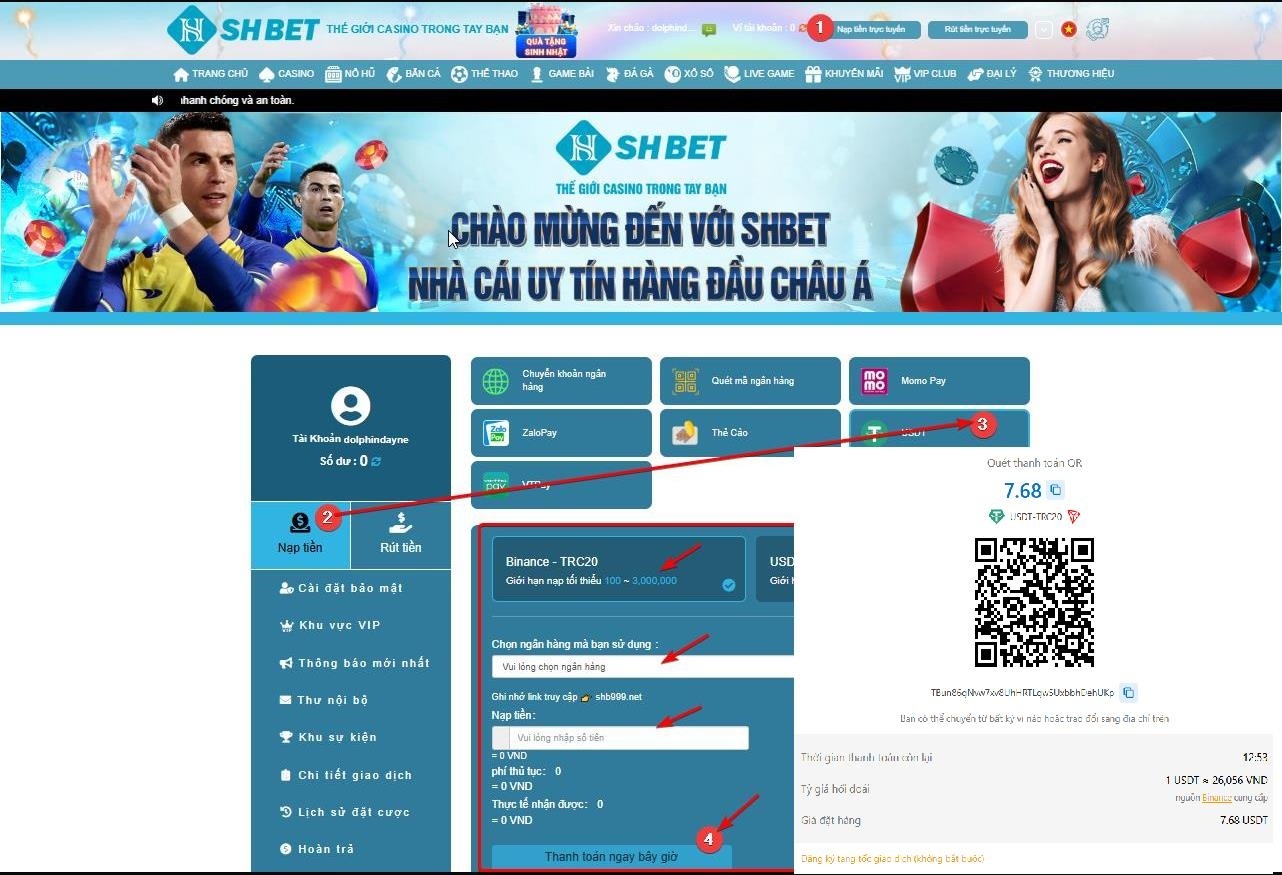 Hướng dẫn nạp tiền SHBET bằng USDT trên máy tính