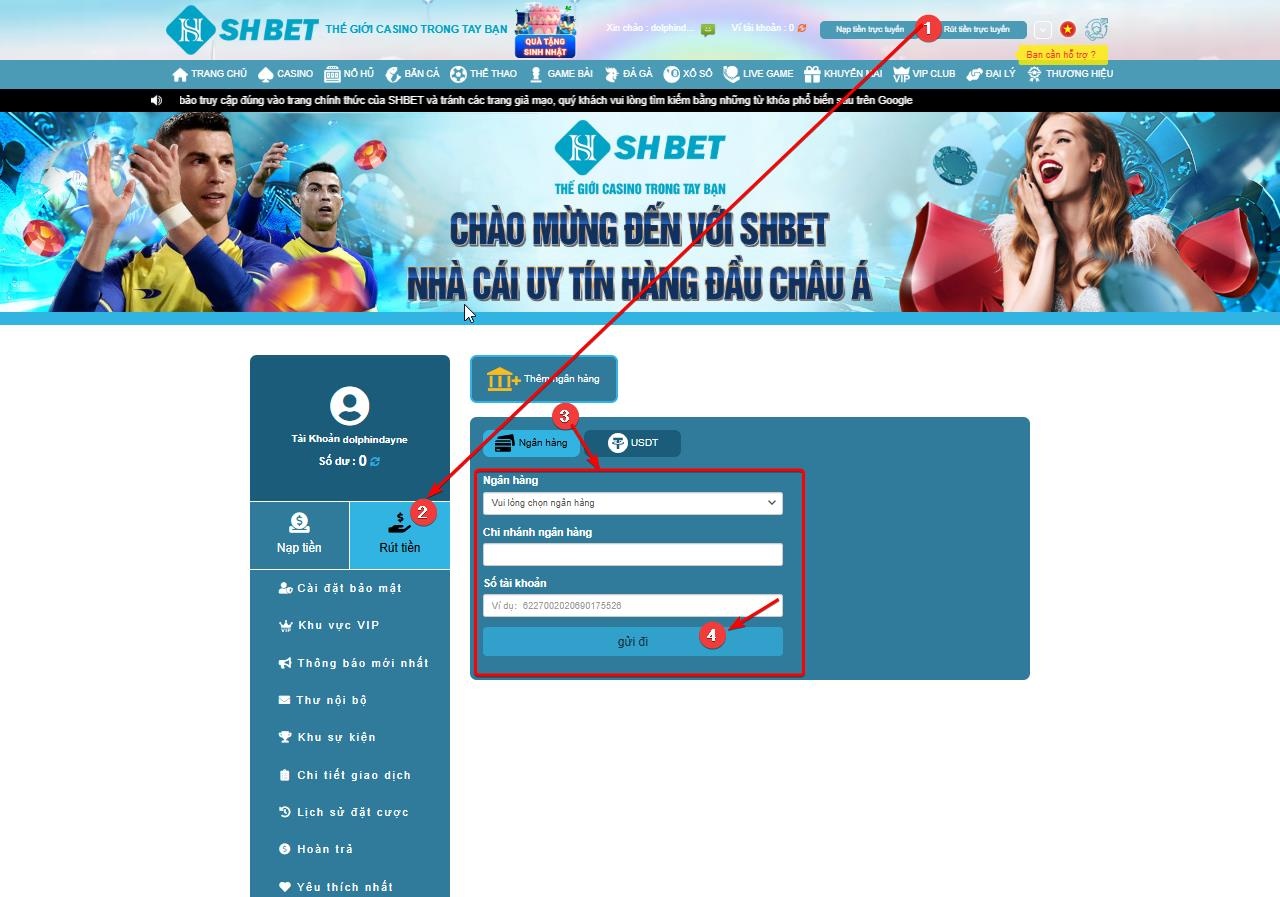 Hướng dẫn thêm thẻ ngân hàng để rút tiền SHBET trên máy tính
