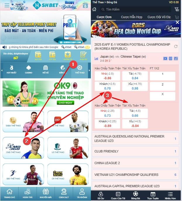Giao diện đặt cược thể thao SHBET trên điện thoại di động