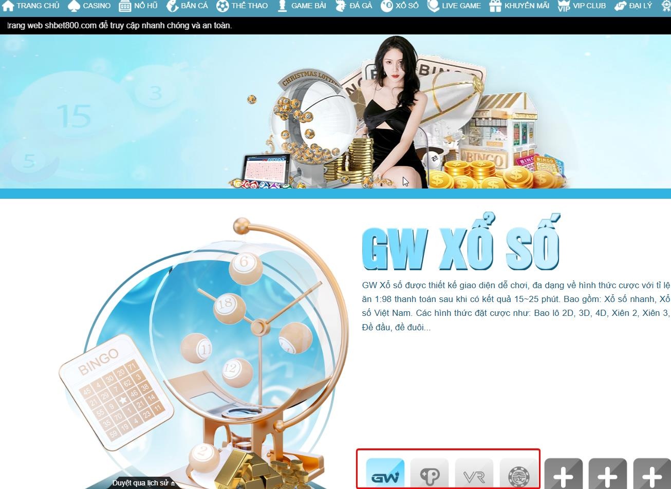Giao diện lựa chọn 4 sảnh xổ số SHBET bao gồm GW, TP, VR và TC