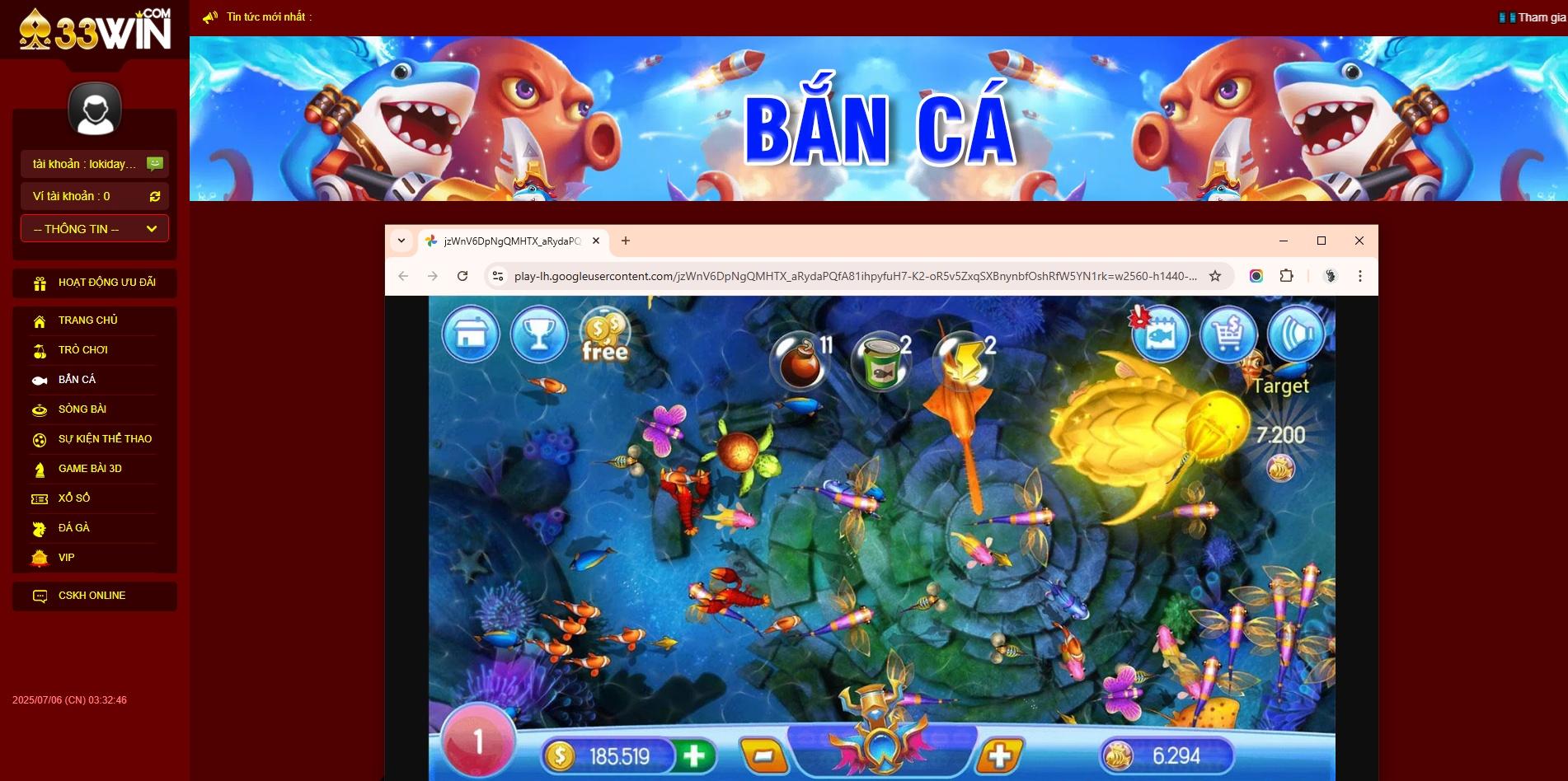 Giao diện chơi game bắn cá 33WIN trên PC