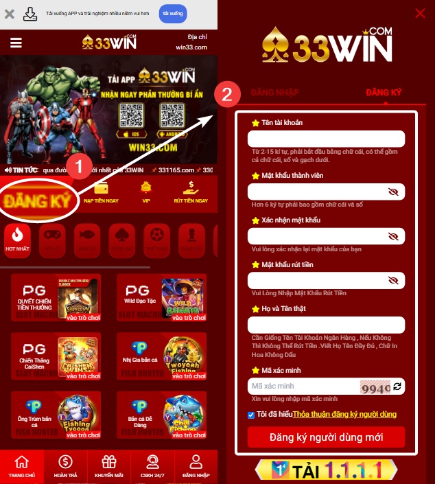 Biểu mẫu đăng ký tài khoản 33WIN trên điện thoại với các trường thông tin cần điền