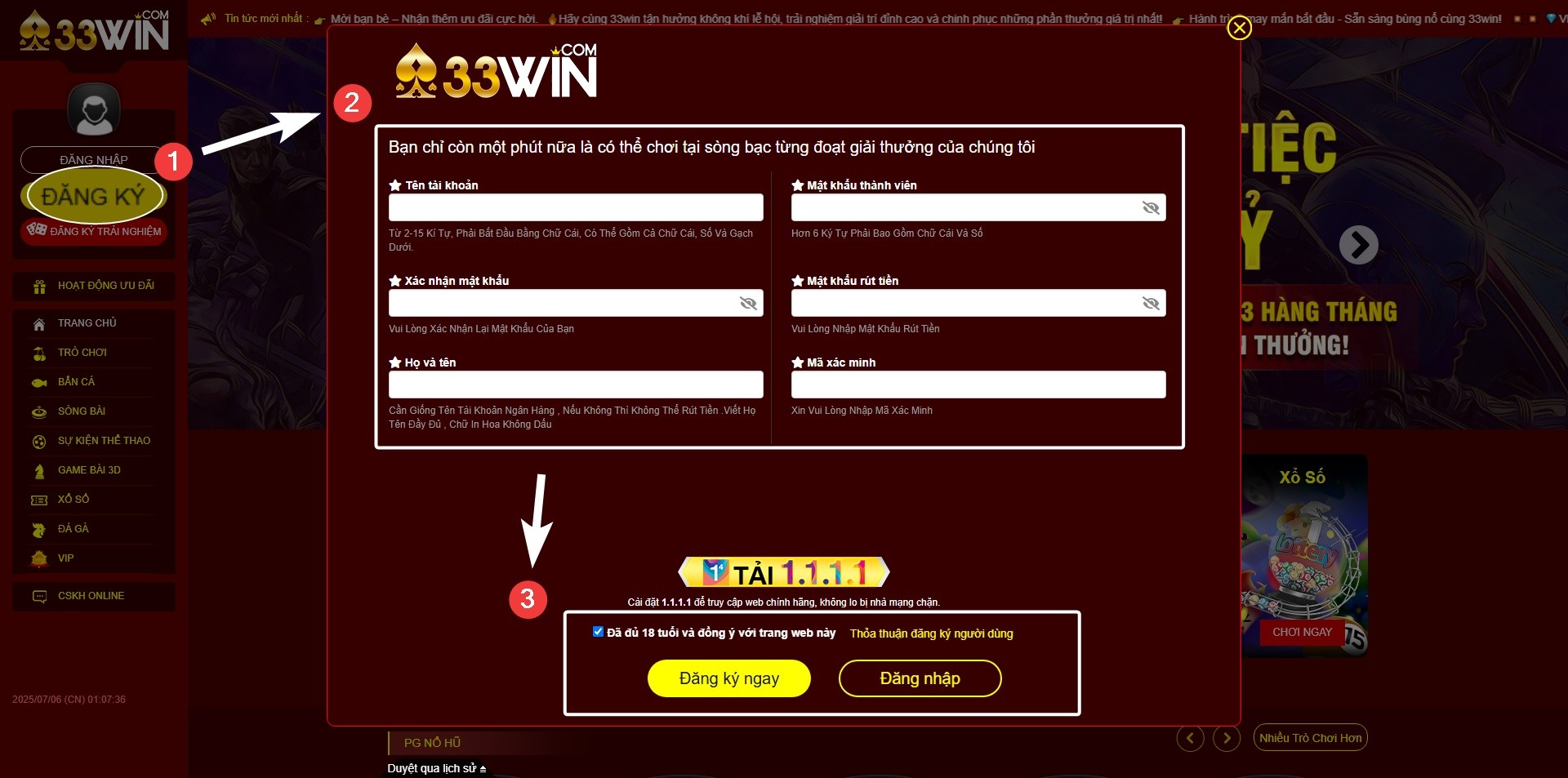 Giao diện trang chủ 33WIN trên máy tính với nút Đăng ký được khoanh đỏ
