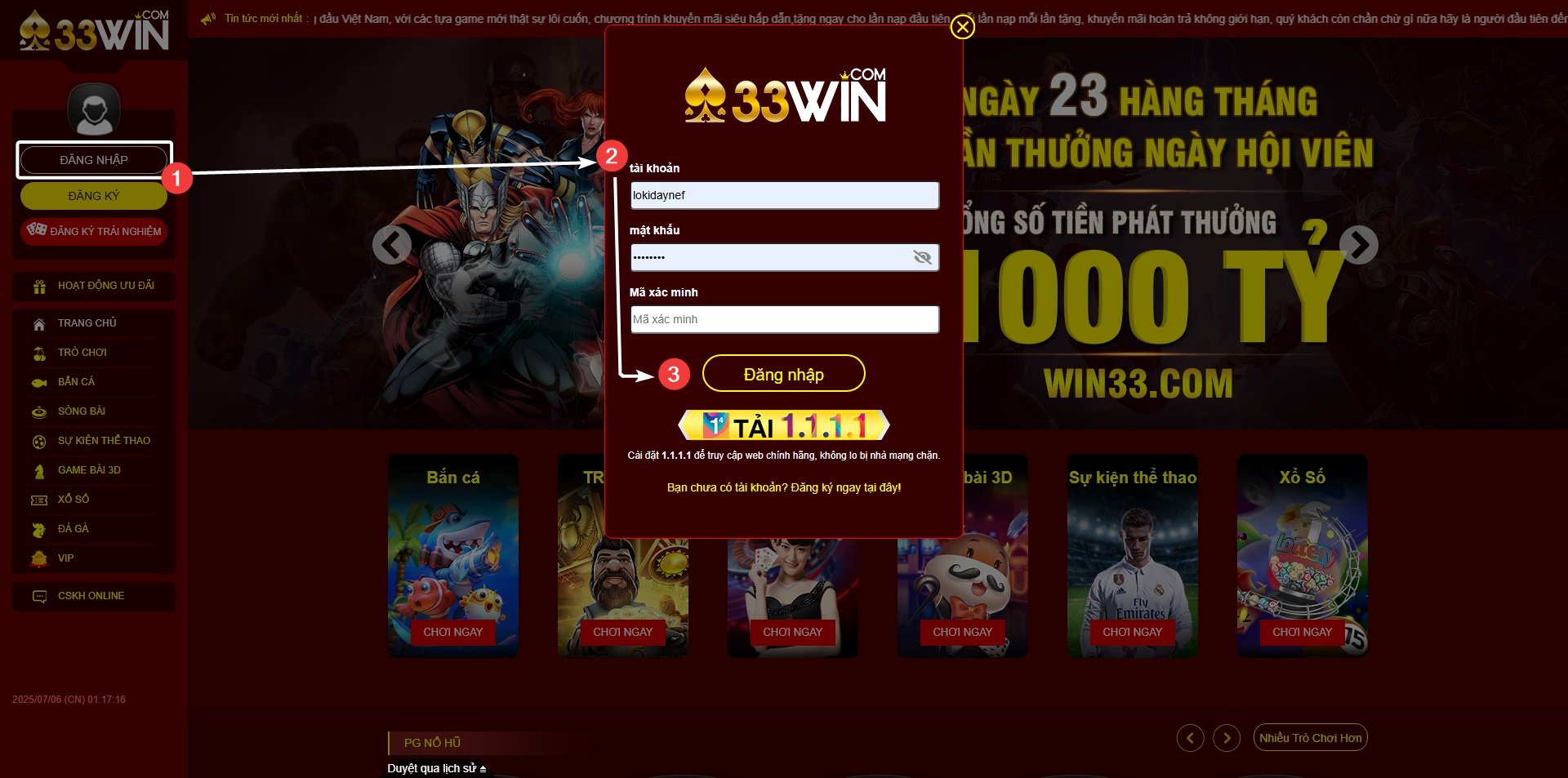 Các bước đăng nhập 33WIN trên giao diện máy tính