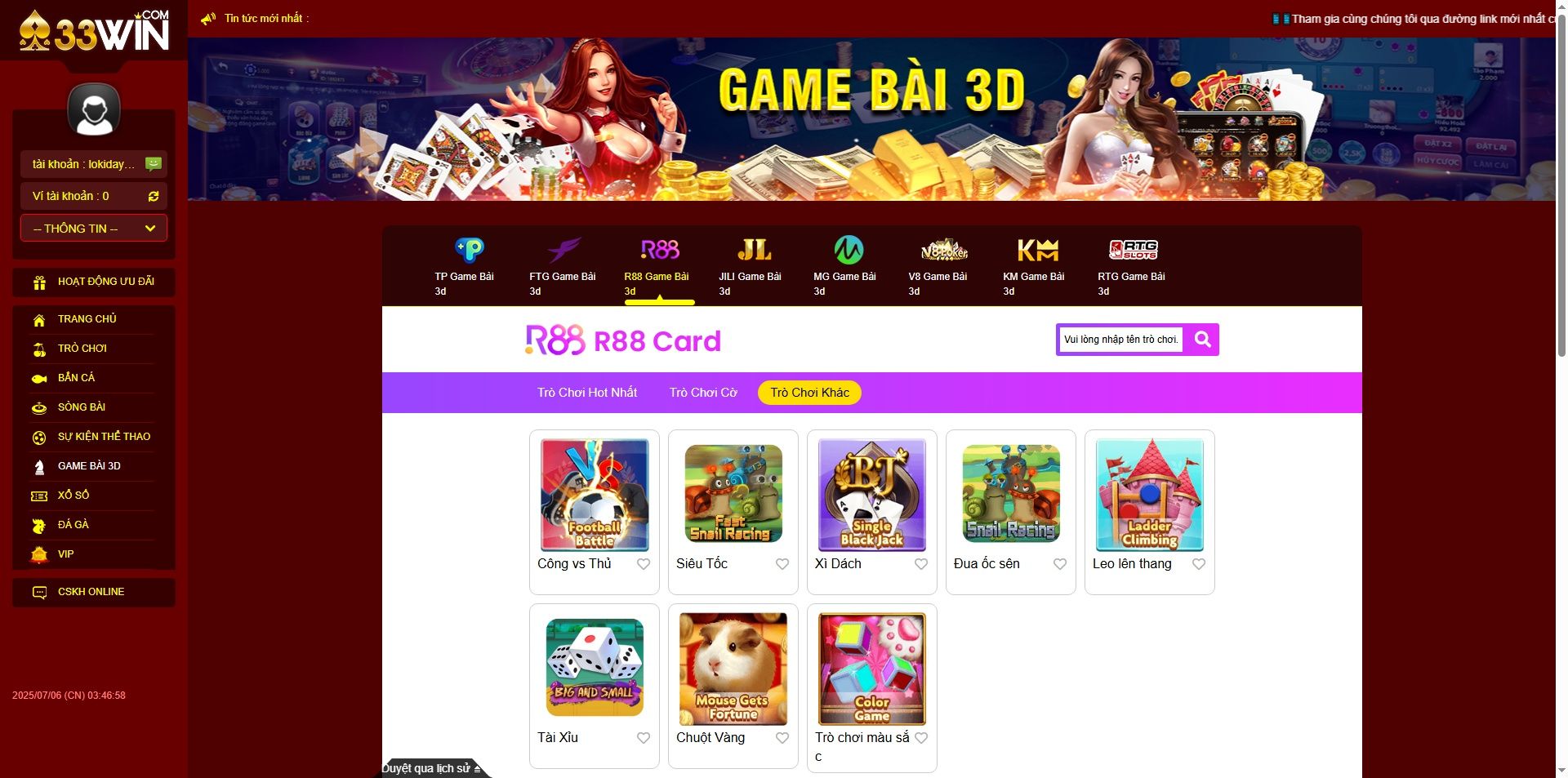 Sảnh game bài 3D R88 tại 33WIN Sảnh R88 game bài 3D tại nhà cái 33WIN