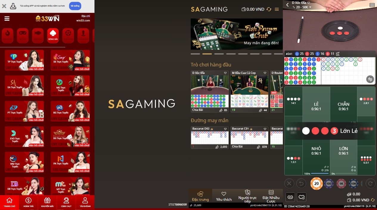 Giao diện bàn cược Baccarat tại Live Casino 33WIN trên di động