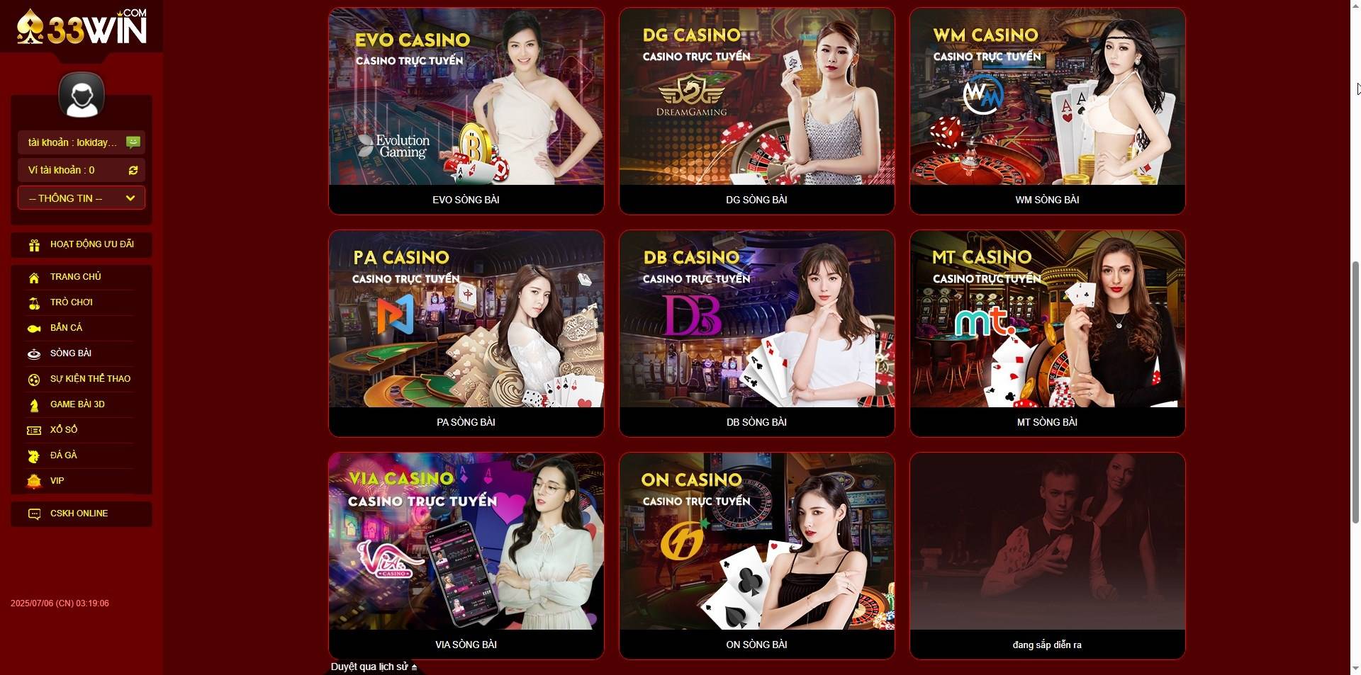 Danh sách các sảnh game live casino tại 33WIN
