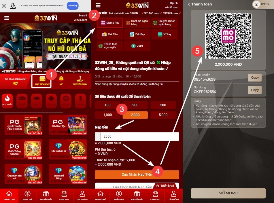 Hướng dẫn nạp tiền 33win trên mobile bằng Momo QR code