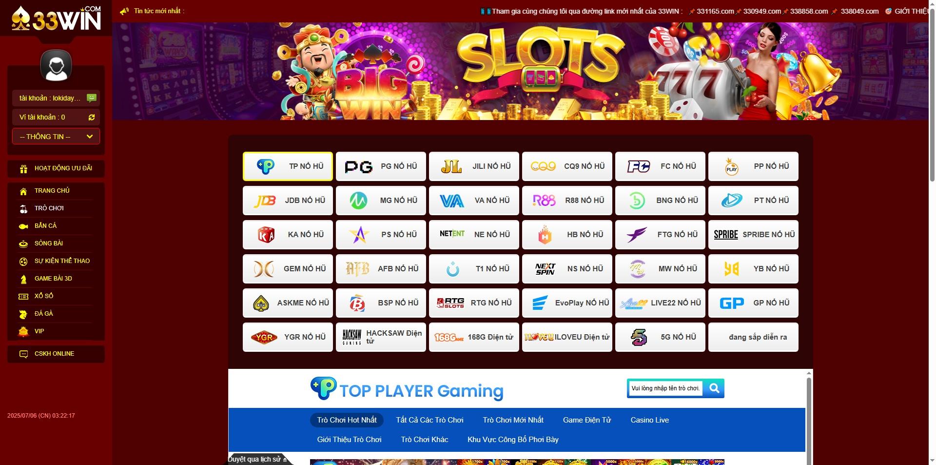 Danh sách các trò chơi trong một sảnh game nổ hũ cụ thể