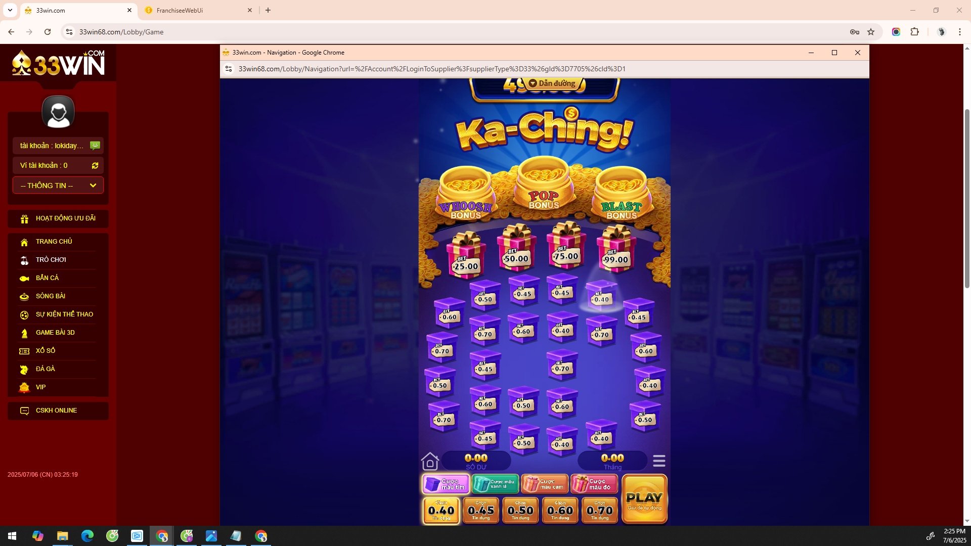 Chọn mục Nổ Hũ trên thanh menu chính của 33WIN