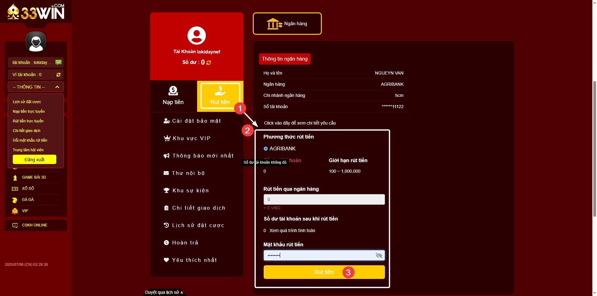Hướng dẫn các bước rút tiền 33win trên giao diện PC