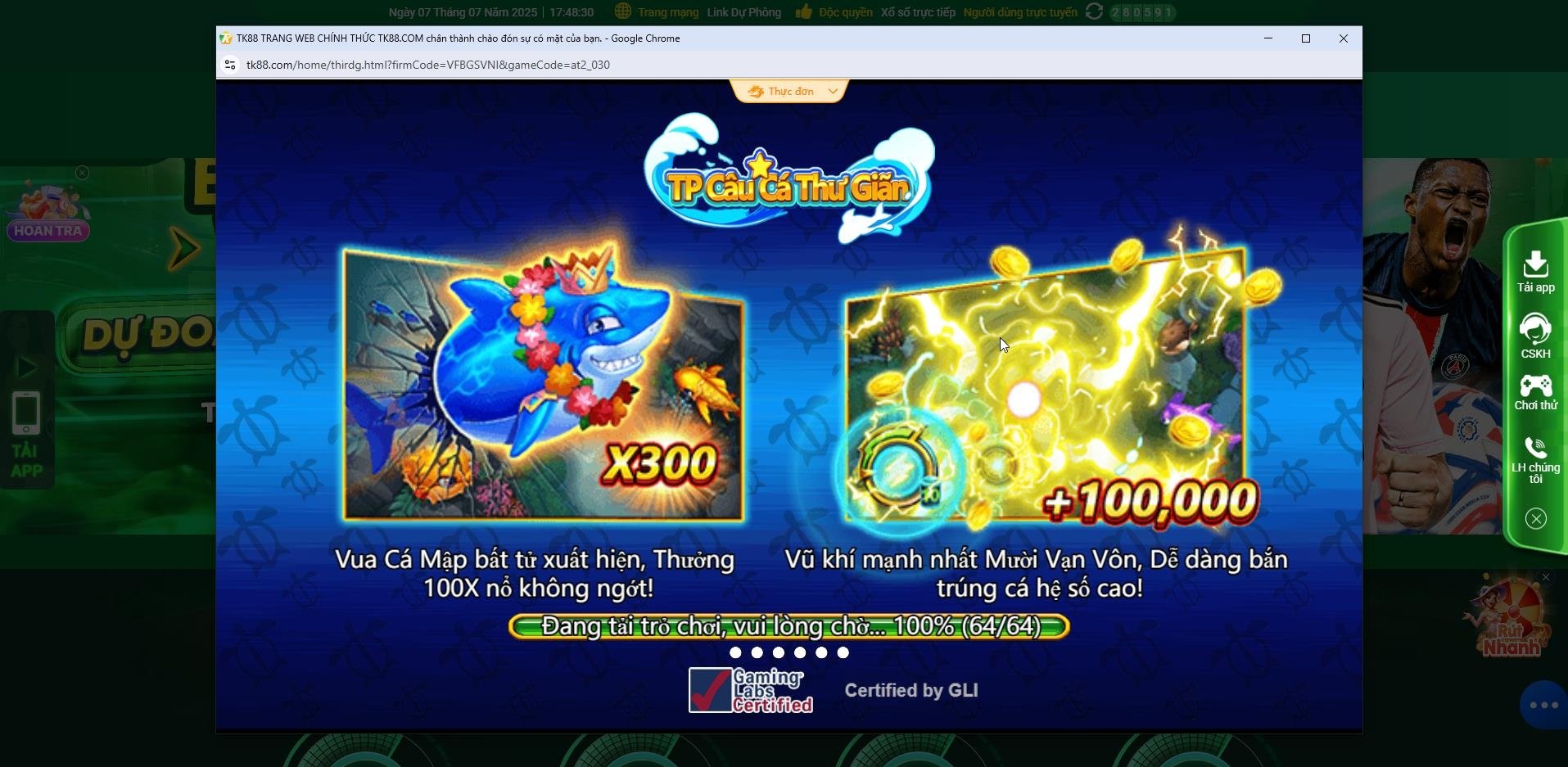 Giao diện sảnh game bắn cá TK88 với nhiều lựa chọn hấp dẫn