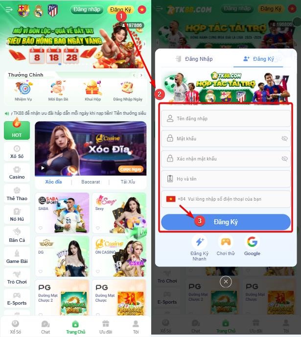 Hướng dẫn các bước đăng ký tài khoản TK88 trên điện thoại di động