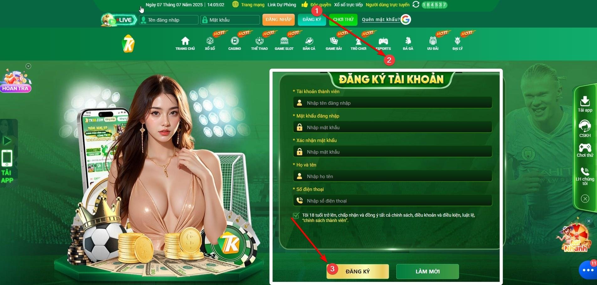 Giao diện trang đăng ký tài khoản TK88 trên máy tính