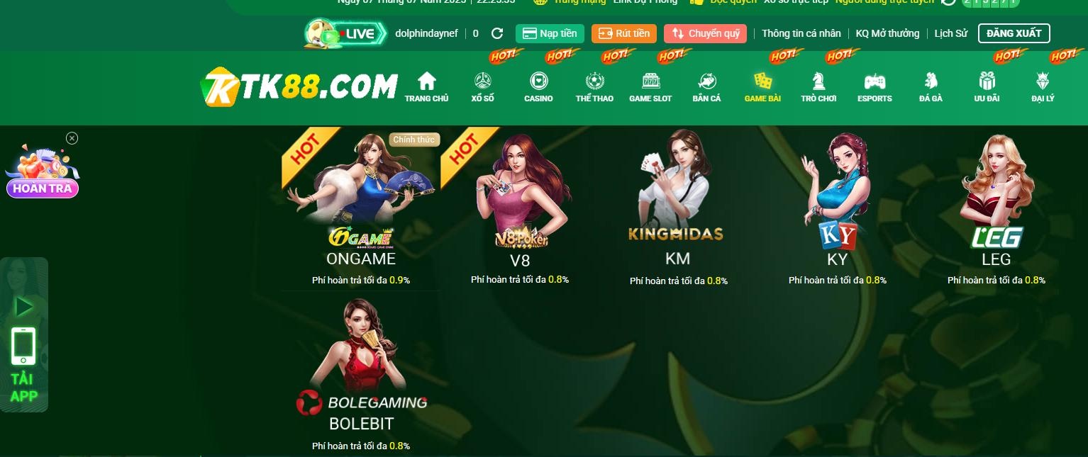Giao diện tổng hợp các sảnh game bài TK88
