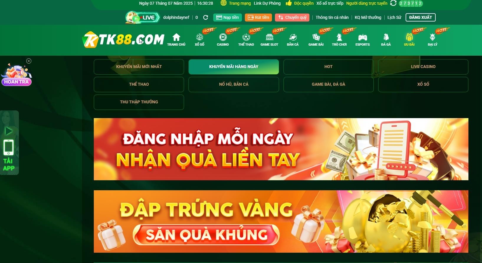 Banner sự kiện đặc biệt và ưu đãi nạp tiền hàng ngày tại TK88