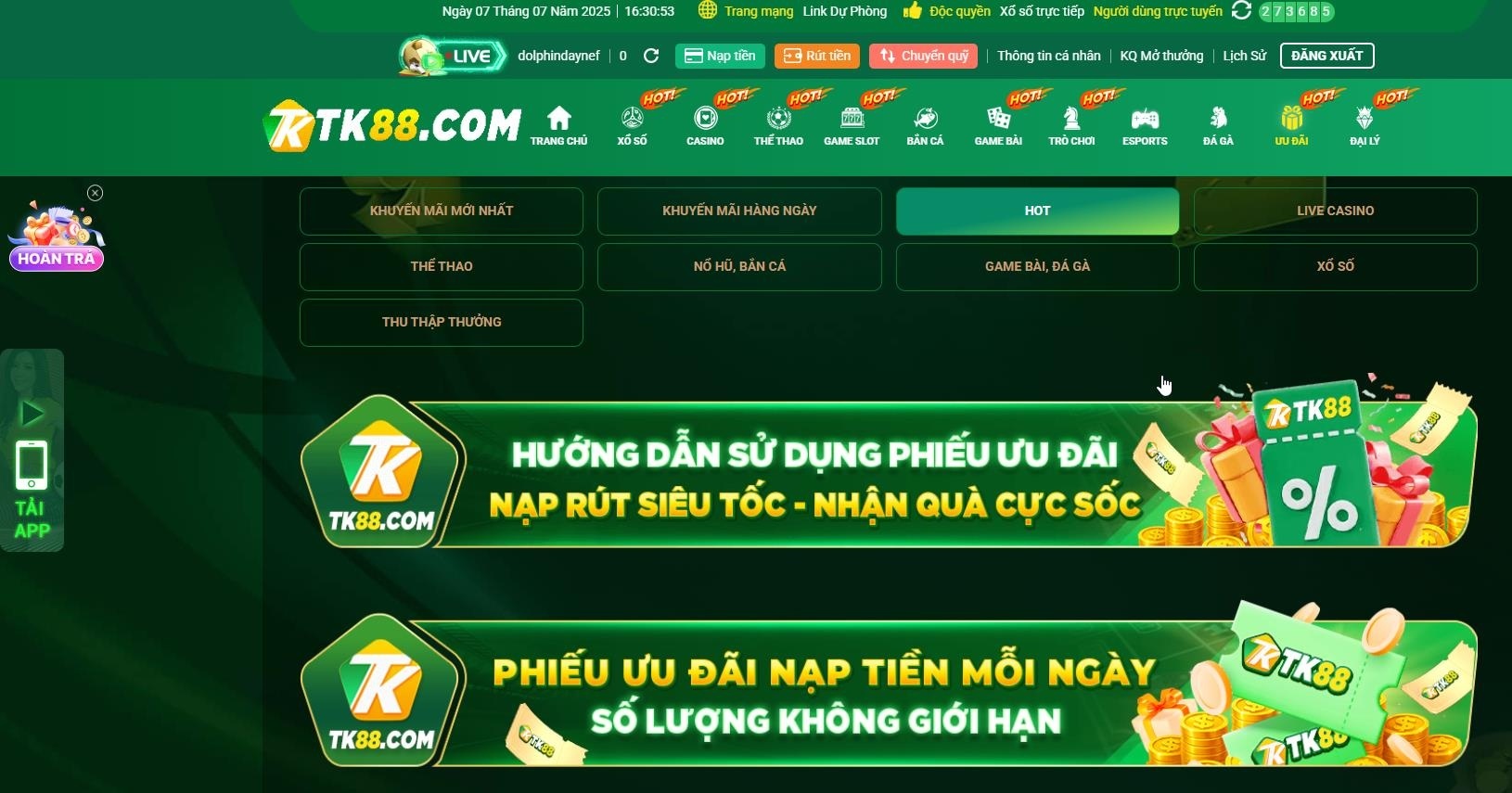 Các chương trình hoàn trả và thưởng nạp lại tại nhà cái TK88
